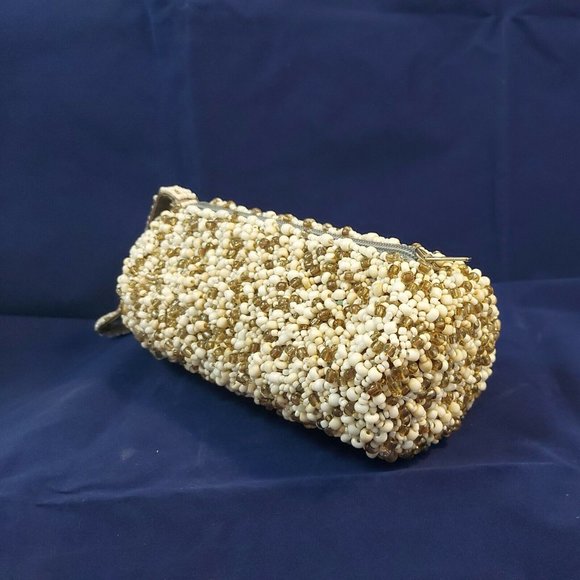 Beaded Clutch Bags Evening Bag Mini Beads Round Barrel White Gold Silver wrislet - Picture 5 of 10